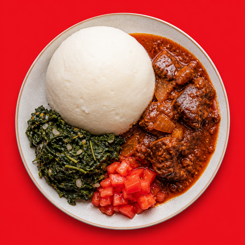 A plate of sadza, stew and greens