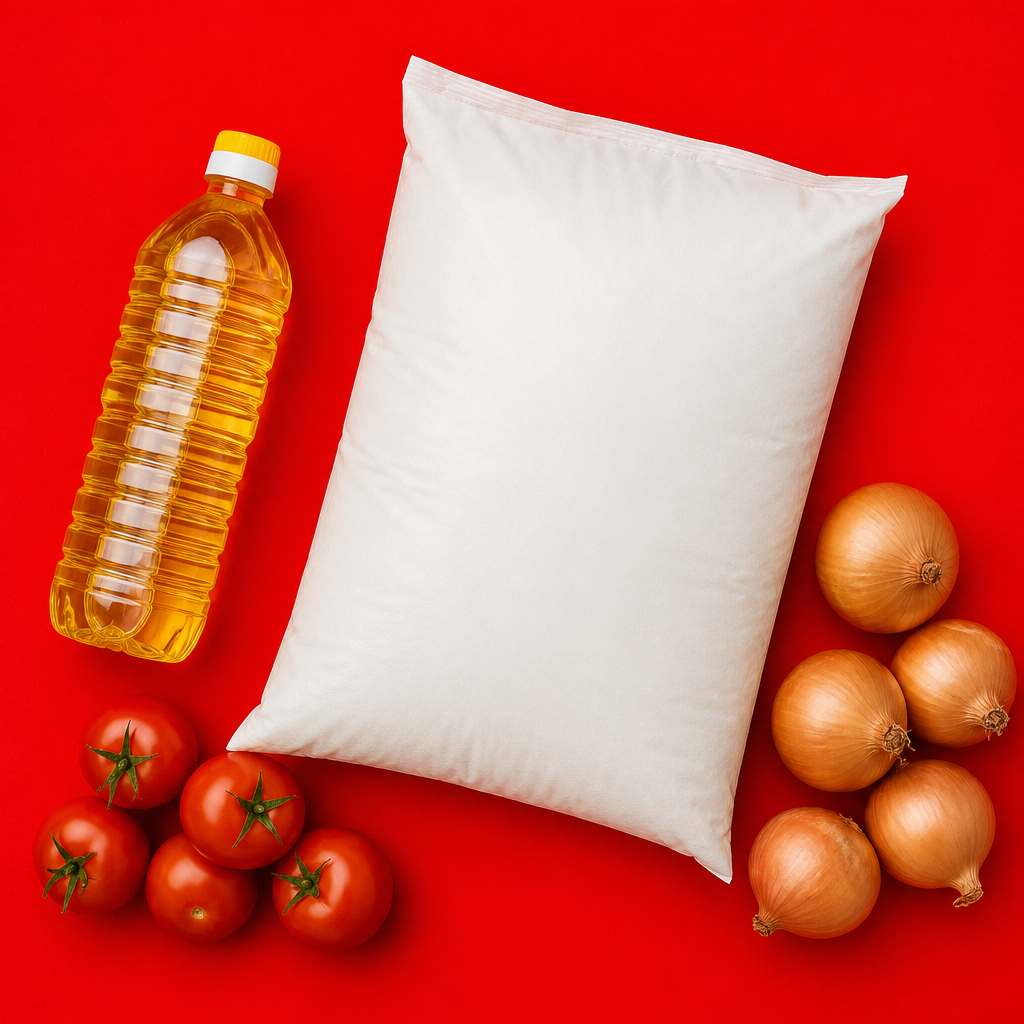 Cooking oil, maize meal and tomatoes