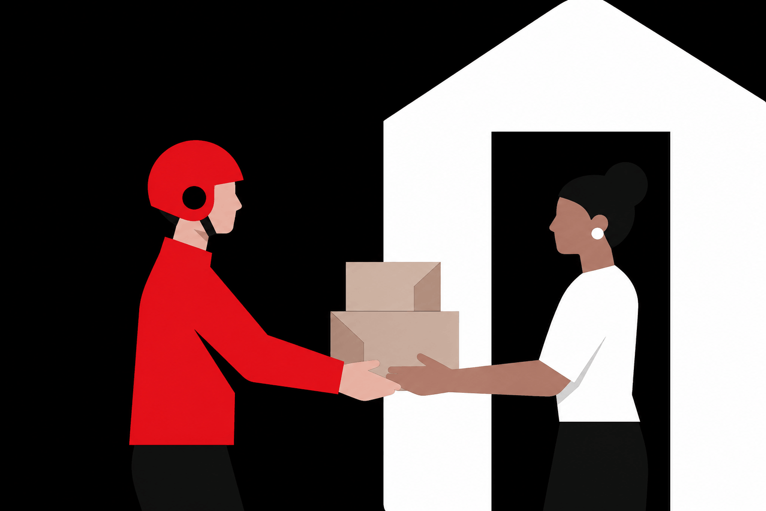 A rider handing grocery boxes to family at the door