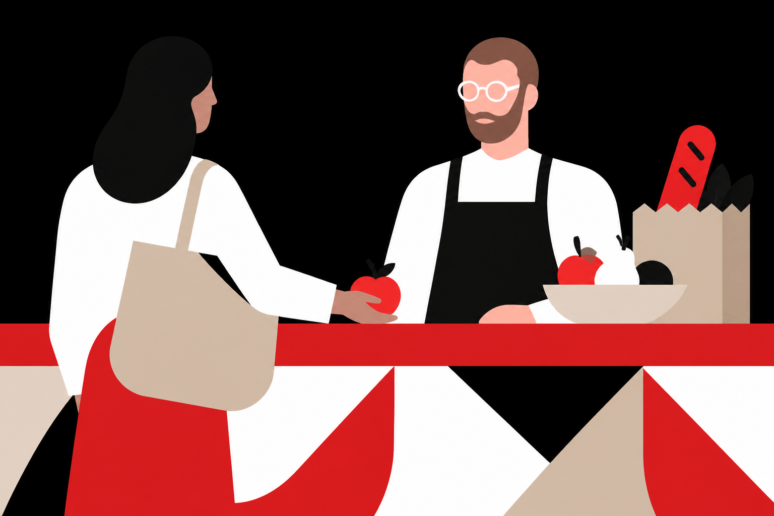 A shopkeeper taking an order at the counter
