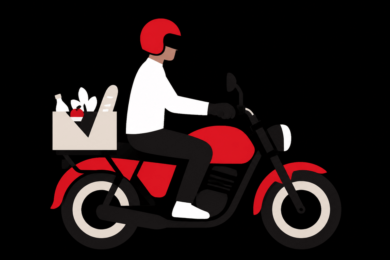 A rider delivering groceries on a motorcycle