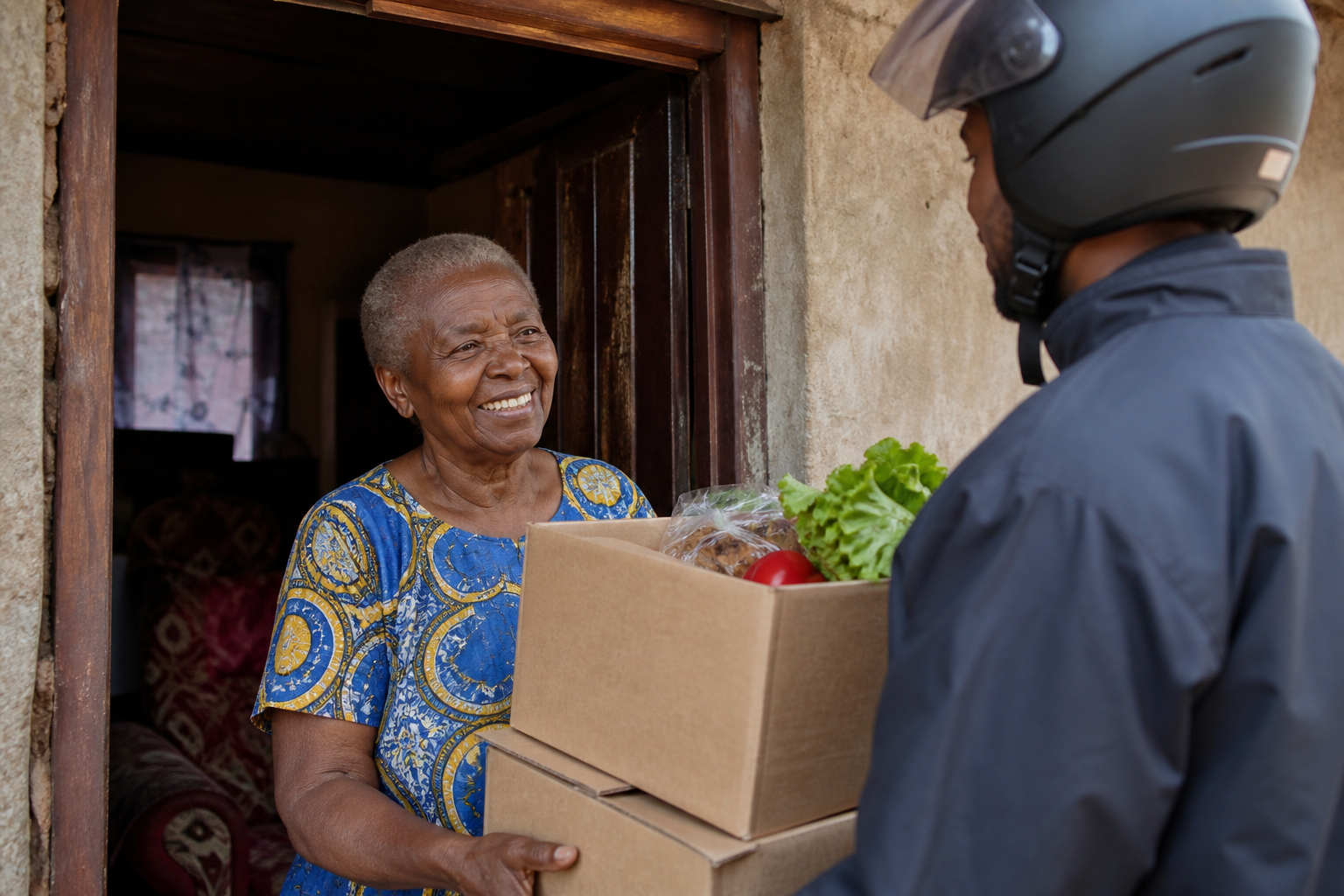 Grocery boxes handed over at the door