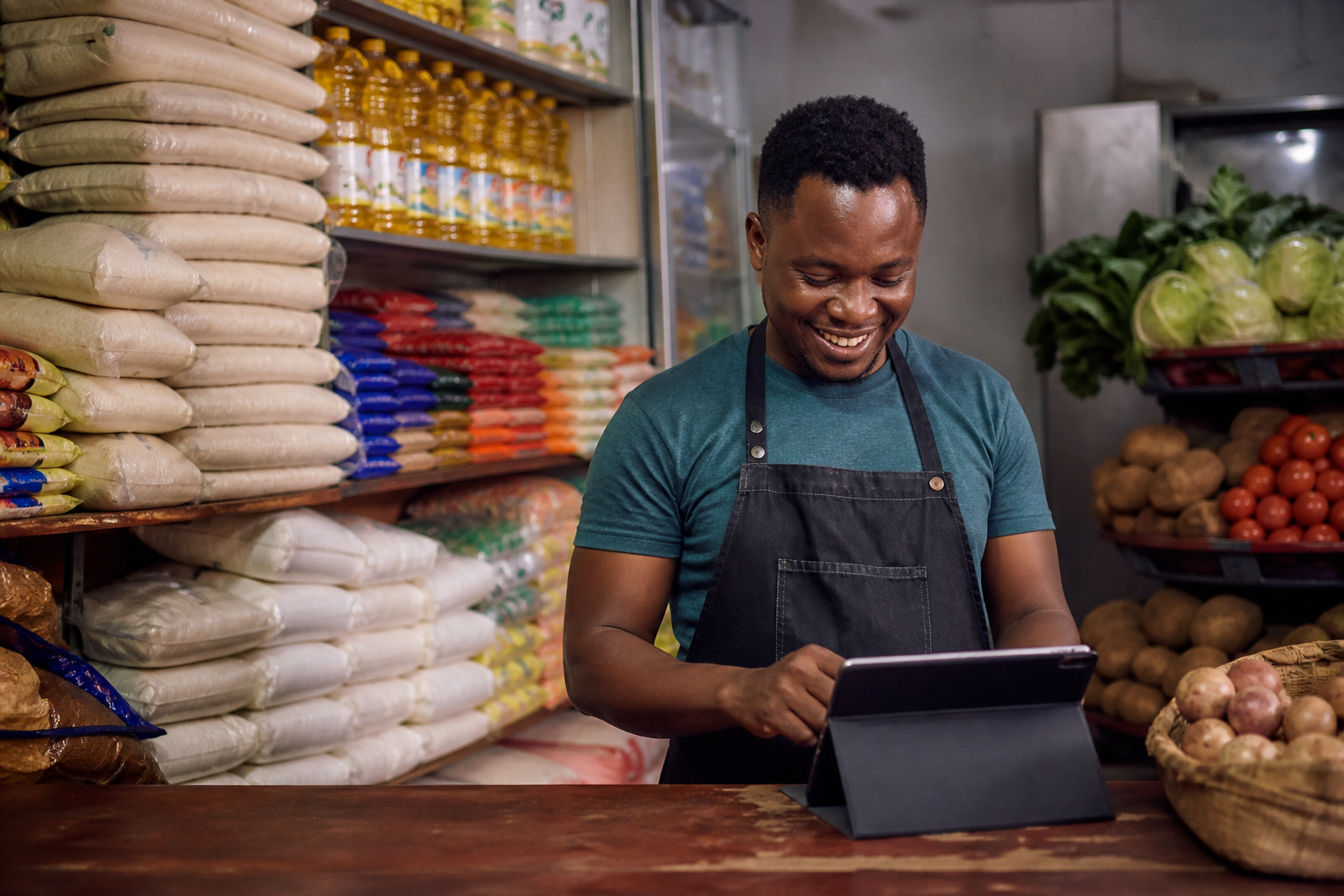 A local merchant in a grocery shop using a tablet